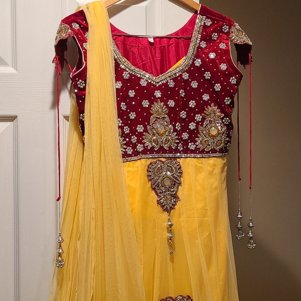 Anarkali outfit, red velvet & yellow Mehndi
